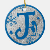 Christmas Monogram Letter J Blue Silver Glitzer Keramik Ornament (Vorne)