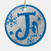 Christmas Monogram Letter J Blue Silver Glitzer Keramik Ornament (Hinten)