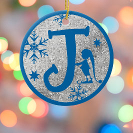 Christmas Monogram Letter J Blue Silver Glitzer Keramik Ornament
