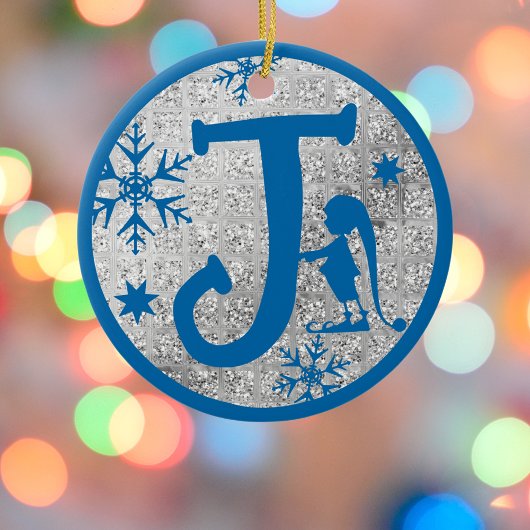 Christmas Monogram Letter J Blue Silver Glitzer Keramik Ornament