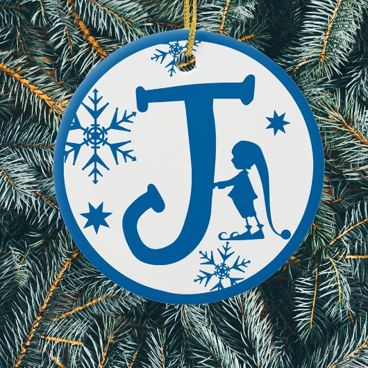 Christmas Monogram Letter J Blue White Keramik Ornament