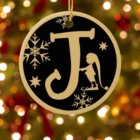 Christmas Monogram Letter J Gold Black Keramik Ornament