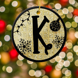 Christmas Monogram Letter K Black Gold Glitzer Keramik Ornament