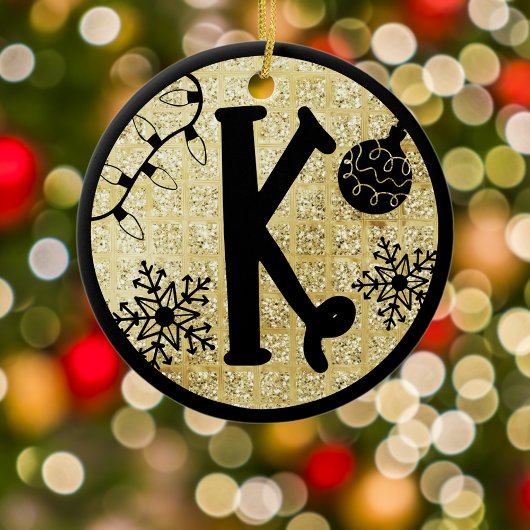 Christmas Monogram Letter K Black Gold Glitzer Keramik Ornament