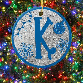 Christmas Monogram Letter K Blue Silver Glitter Keramik Ornament