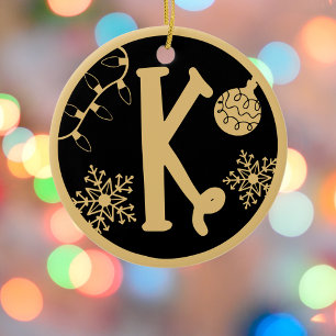 Christmas Monogram Letter K Gold Black Keramik Ornament