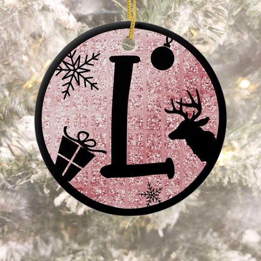 Christmas Monogram Letter L Black Pink Glitzer Keramik Ornament