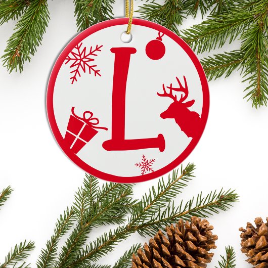 Christmas Monogram Letter L Red White Keramik Ornament