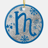 Christmas Monogram Letter M Blue Silver Glitzer Keramik Ornament (Vorne)