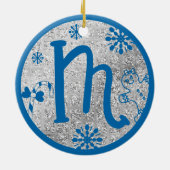 Christmas Monogram Letter M Blue Silver Glitzer Keramik Ornament (Hinten)