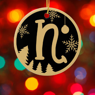 Christmas Monogram Letter N Gold Black Keramik Ornament
