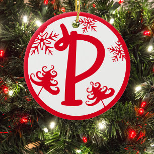 Christmas Monogram Letter P Red White Keramik Ornament