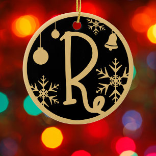 Christmas Monogram Letter R Gold Black Keramik Ornament