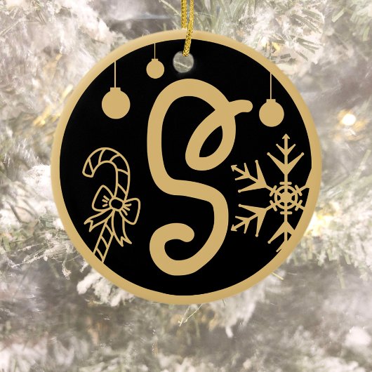 Christmas Monogram Letter S Gold Black Keramik Ornament