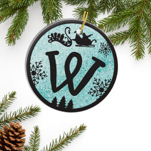 Christmas Monogram Letter W Black Blue Glitter Keramik Ornament