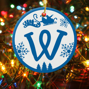 Christmas Monogram Letter W Blue White Keramik Ornament