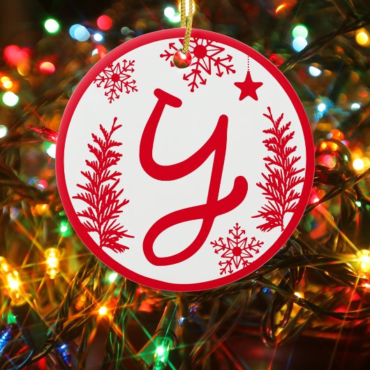 Christmas Monogram Letter Y Red White Keramik Ornament