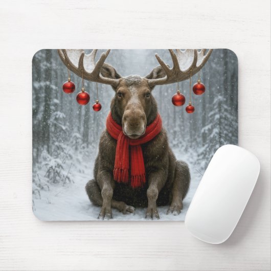 Christmas Moose In a Snowy Forest Mousepad (Mit Mouse)