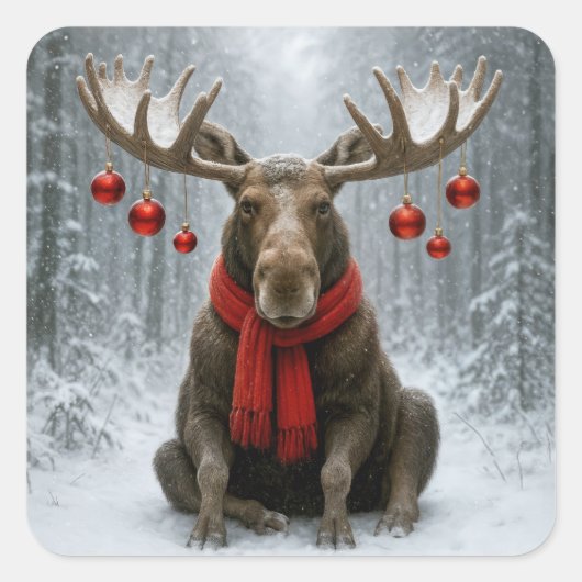 Christmas Moose In a Snowy Forest Quadratischer Aufkleber (Vorderseite)