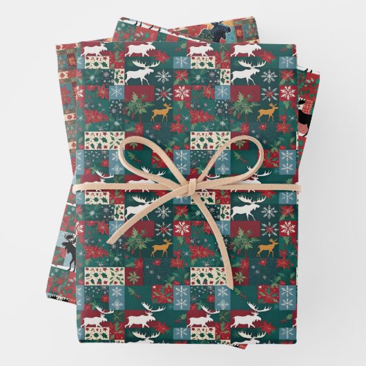 Christmas Moose Patchwork Kariert Geschenkpapier Set (Beispiel)