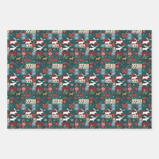 Christmas Moose Patchwork Kariert Geschenkpapier Set (Vorderseite)