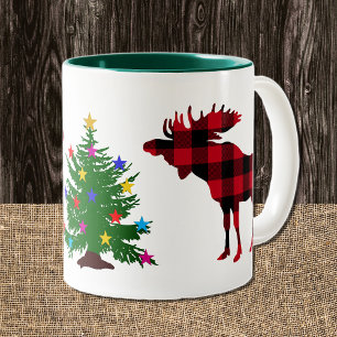 Christmas Moose Red & Black Buffalo Plaid, Tree Zweifarbige Tasse