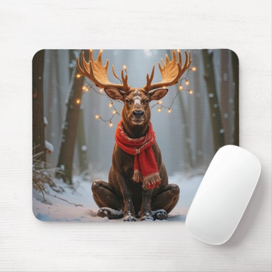 Christmas Moose Wearing Scarf and Lights Mousepad (Mit Mouse)