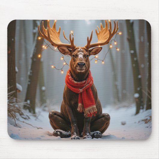 Christmas Moose Wearing Scarf and Lights Mousepad (Vorne)