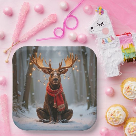 Christmas Moose Wearing Scarf and Lights Pappteller (Party)