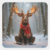 Christmas Moose Wearing Scarf and Lights Quadratischer Aufkleber (Vorderseite)