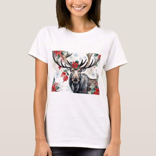 Christmas Moose With Big Antlers And Poinsettias T-Shirt (Vorderseite)