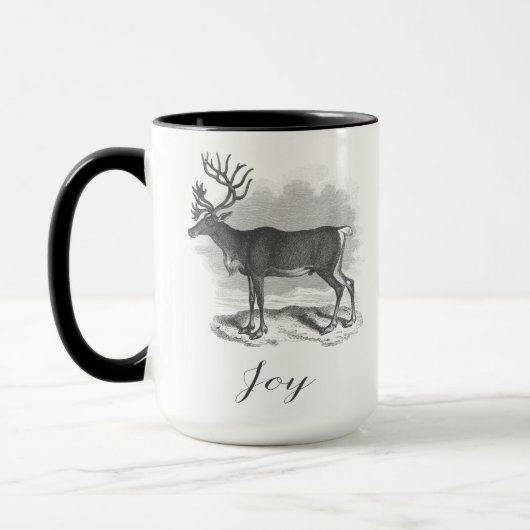 Christmas mug with antique deer etching says Joy Tasse (Links)