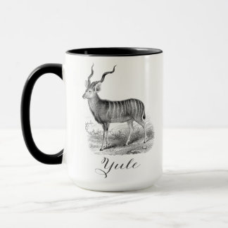 Christmas mug with antique deer etching says Yule. Tasse