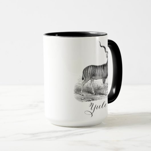 Christmas mug with antique deer etching says Yule. Tasse (VorderseiteRechts)