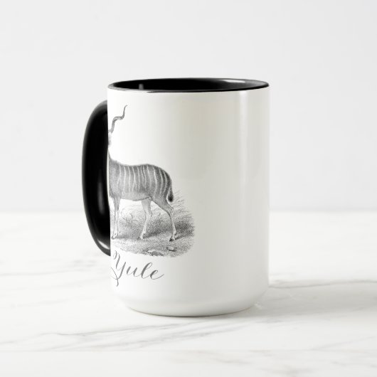 Christmas mug with antique deer etching says Yule. Tasse (Vorderseite Links)