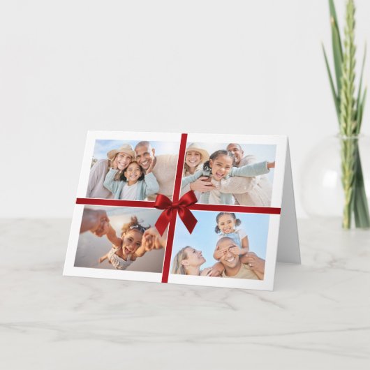 CHRISTMAS MULTI PHOTO modern gift red ribbon bow Dankeskarte (Vorderseite)