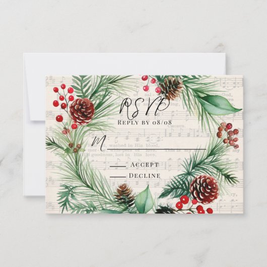 Christmas Music Red Berry Wreath Wedding RSVP Card (Vorderseite)