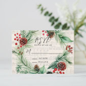 Christmas Music Red Berry Wreath Wedding RSVP Card (Stehend Vorderseite)