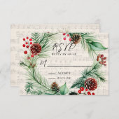 Christmas Music Red Berry Wreath Wedding RSVP Card (Vorne/Hinten)