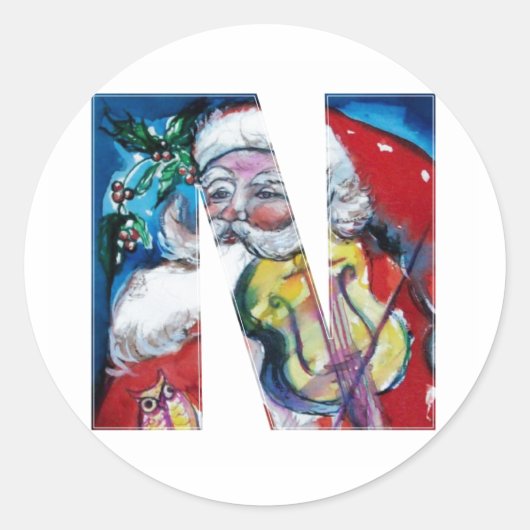 CHRISTMAS N BRIEF / SANTA MIT VIOLIN MONOGRAM RUNDER AUFKLEBER (Vorderseite)