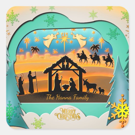 Christmas Nativity Scene 3D | Religious Holiday Quadratischer Aufkleber (Vorderseite)