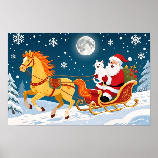 Christmas, New Year, Red Horse, Santa & White Cat Poster (Vorne)