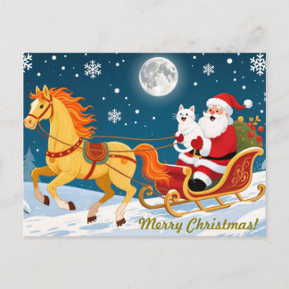 Christmas, New Year, Red Horse, Santa & White Cat Postkarte