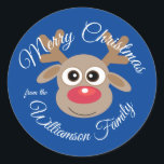 Christmas Niedlich Reindeer Cartoon Blue Novelty Runder Aufkleber<br><div class="desc">Mit diesem niedlichen Cartoon-Charakter-Rentier, der jedem ein fröhliches Weihnachtsaufkleber wünscht, macht er sich ein wenig Freude. Text kann geändert werden. Cartoon Rentiercharakter mit rot glänzender Nase auf blauem Hintergrund. Wenn Sie Hilfe benötigen, um es besser an Ihre Wünsche anzupassen, schicken Sie mir eine E-Mail und ich helfe Ihnen gerne. designsbykatz@gmail.com...</div>