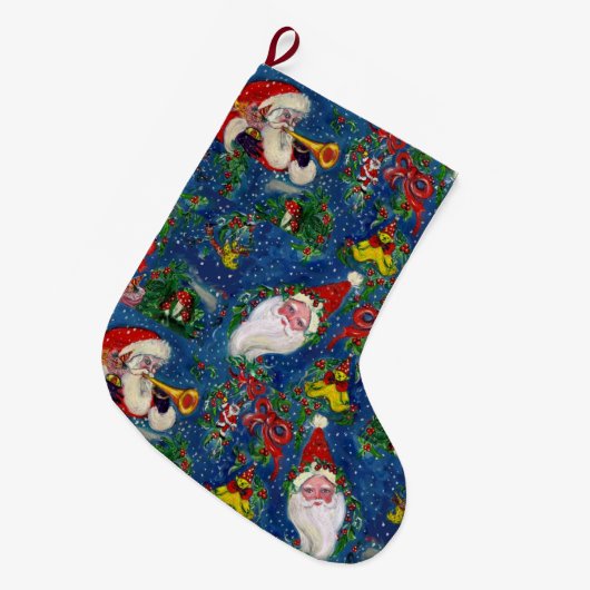 CHRISTMAS NIGHT, HOLLYBERRIES ,SANTA CLAUS BUGLER GROßER WEIHNACHTSSTRUMPF (Vorderansicht (hängend))