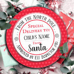 Christmas North Pole Workshop Individuelle Name Runder Aufkleber<br><div class="desc">Santa's Workshop Elf Inspector # eine beliebige Anzahl und einen eigenen Namen der Kinder. Spaß Aufkleber zu Kindern Geschenke hinzufügen!</div>
