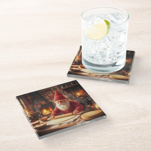 Christmas Norwegian Nisse Making Lefse, Coaster Glasuntersetzer (Schrägansicht)