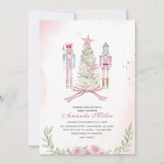 Christmas Nutcracker Ballet Pink watercolor baby s Einladung (Vorderseite)