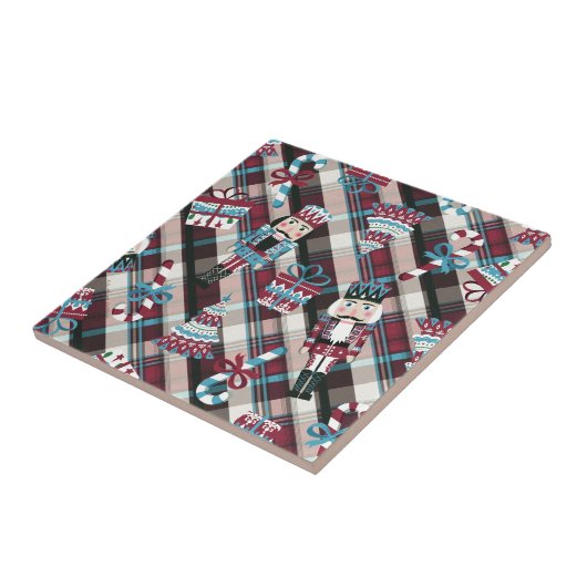 Christmas Nutcracker Kariert Blue Burgund Fliese (Seite)