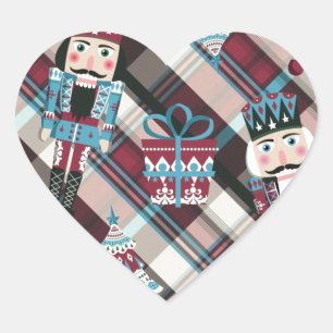 Christmas Nutcracker Kariert Blue Burgund Herz-Aufkleber